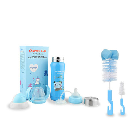 Chinmay Kids Multifunctional Stainless Steel Feeding Bottle With Bottle Cleaning Sponge Brush - 180 ml (Blue)