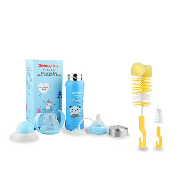Chinmay Kids Multifunctional Stainless Steel Feeding Bottle With Bottle Cleaning Sponge Brush - 180 ml (Blue & Yellow)