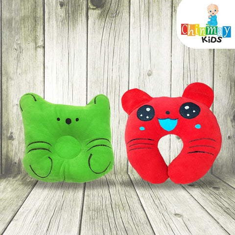 Chinmay Kids Newborn Baby Neck Support Pillow for Head Shaping Nursing Pillow Cat Monkey 0-12 Months, Pack of 2