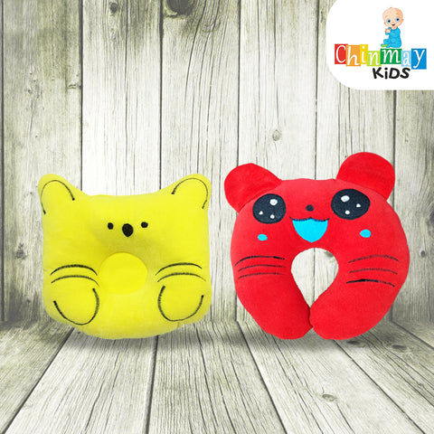 Chinmay Kids Newborn Baby Neck Support Pillow for Head Shaping Nursing Pillow Cat Monkey 0-12 Months, Pack of 2