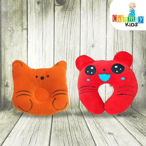 Chinmay Kids Newborn Baby Neck Support Pillow for Head Shaping Nursing Pillow Cat Monkey 0-12 Months, Pack of 2