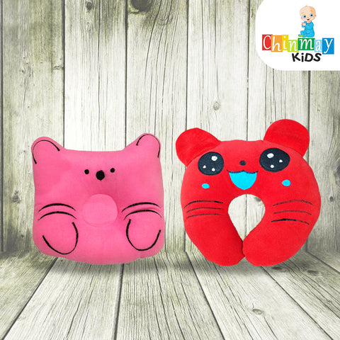 Chinmay Kids Newborn Baby Neck Support Pillow for Head Shaping Nursing Pillow Cat Monkey 0-12 Months, Pack of 2