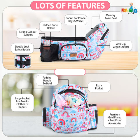 Click to see full view Chinmay Kids 6-in-1 Baby Carrier with Hip Seat & Built-in Mini Diaper Bag | Convertible to Sling Carry Bag | Adjustable Ergonomic Design for Toddlers (5–36 Months, Up to 18 kg) Multicolor