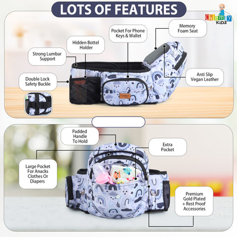 Click to see full view Chinmay Kids 6-in-1 Baby Carrier with Hip Seat & Built-in Mini Diaper Bag | Convertible to Sling Carry Bag | Adjustable Ergonomic Design for Toddlers (5–36 Months, Up to 18 kg) Multicolor