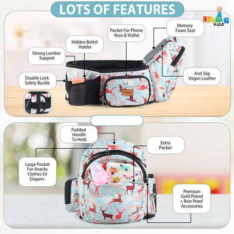 Click to see full view Chinmay Kids 6-in-1 Baby Carrier with Hip Seat & Built-in Mini Diaper Bag | Convertible to Sling Carry Bag | Adjustable Ergonomic Design for Toddlers (5–36 Months, Up to 18 kg) Multicolor