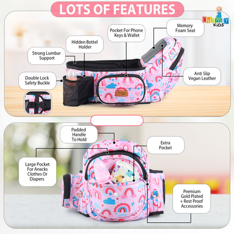 Click to see full view Chinmay Kids 6-in-1 Baby Carrier with Hip Seat & Built-in Mini Diaper Bag | Convertible to Sling Carry Bag | Adjustable Ergonomic Design for Toddlers (5–36 Months, Up to 18 kg) Multicolor