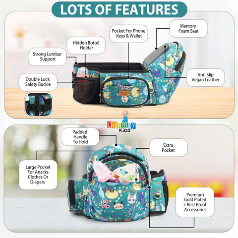 Click to see full view Chinmay Kids 6-in-1 Baby Carrier with Hip Seat & Built-in Mini Diaper Bag | Convertible to Sling Carry Bag | Adjustable Ergonomic Design for Toddlers (5–36 Months, Up to 18 kg) Multicolor