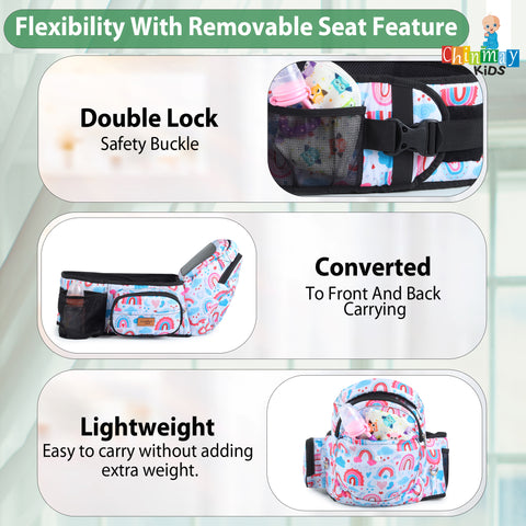 Click to see full view Chinmay Kids 6-in-1 Baby Carrier with Hip Seat & Built-in Mini Diaper Bag | Convertible to Sling Carry Bag | Adjustable Ergonomic Design for Toddlers (5–36 Months, Up to 18 kg) Multicolor