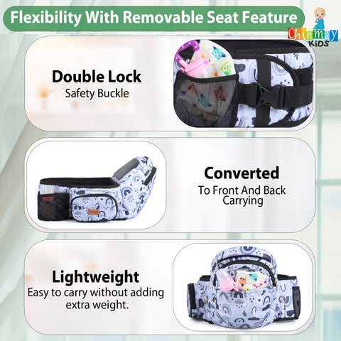 Click to see full view Chinmay Kids 6-in-1 Baby Carrier with Hip Seat & Built-in Mini Diaper Bag | Convertible to Sling Carry Bag | Adjustable Ergonomic Design for Toddlers (5–36 Months, Up to 18 kg) Multicolor