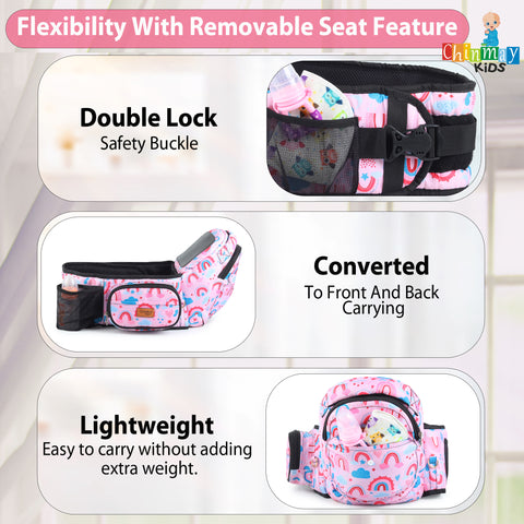 Click to see full view Chinmay Kids 6-in-1 Baby Carrier with Hip Seat & Built-in Mini Diaper Bag | Convertible to Sling Carry Bag | Adjustable Ergonomic Design for Toddlers (5–36 Months, Up to 18 kg) Multicolor