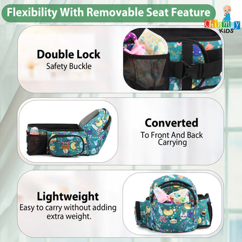 Click to see full view Chinmay Kids 6-in-1 Baby Carrier with Hip Seat & Built-in Mini Diaper Bag | Convertible to Sling Carry Bag | Adjustable Ergonomic Design for Toddlers (5–36 Months, Up to 18 kg) Multicolor
