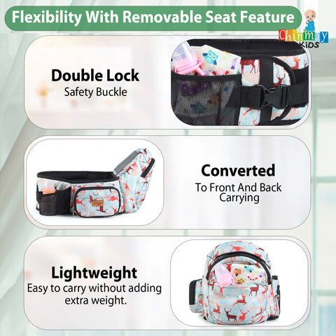 Click to see full view Chinmay Kids 6-in-1 Baby Carrier with Hip Seat & Built-in Mini Diaper Bag | Convertible to Sling Carry Bag | Adjustable Ergonomic Design for Toddlers (5–36 Months, Up to 18 kg) Multicolor